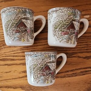 (3) Friendly Village Covered Bridge Set Of 3 Mugs (EUC) Johnson Bros. England
